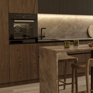 Luxury apartment with contemporary kitchen loft style in dark colors. Stylish modern room area with large window. High quality 3d rendering illustration